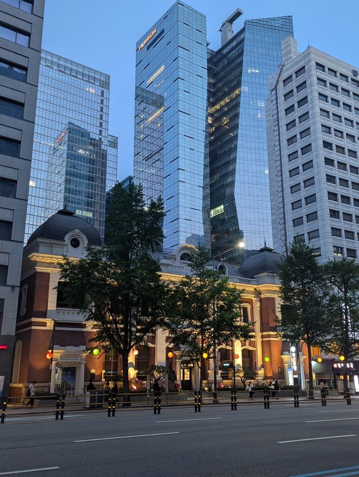 Glass towers and historic masonry show Seoul's habit of layering corporate modernity over inherited urban memory.