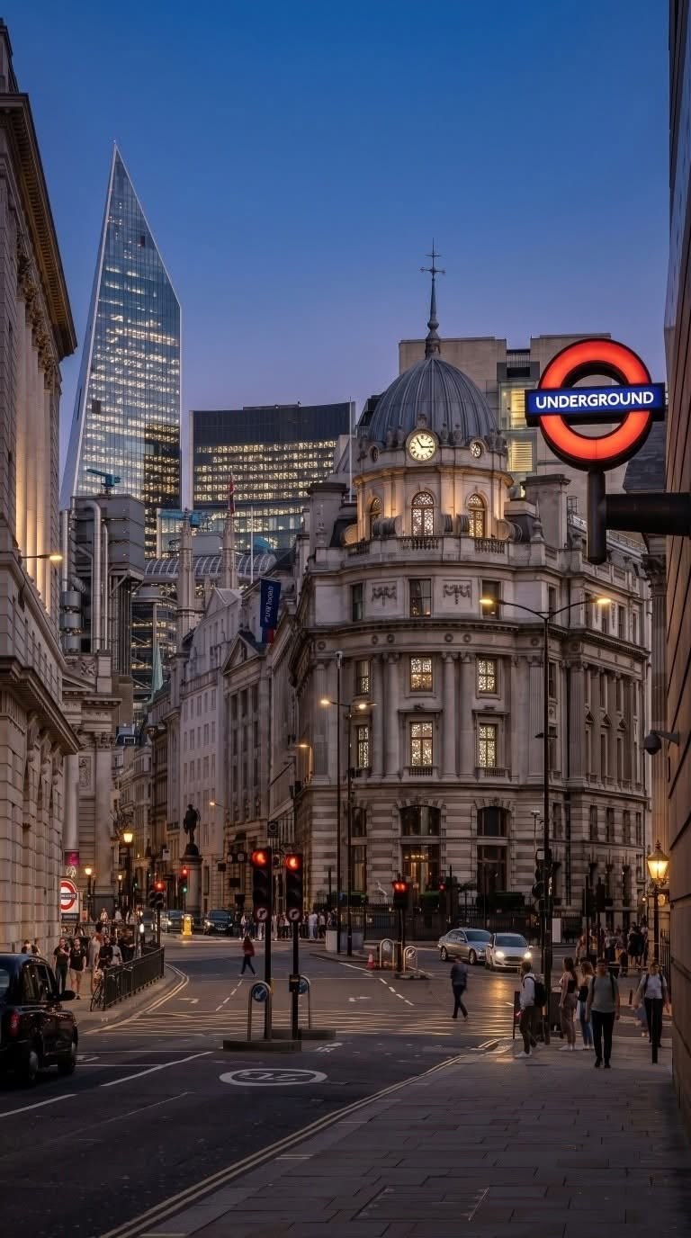 The City at dusk: heritage, transport and high-rise offices compressed into one global investment image.