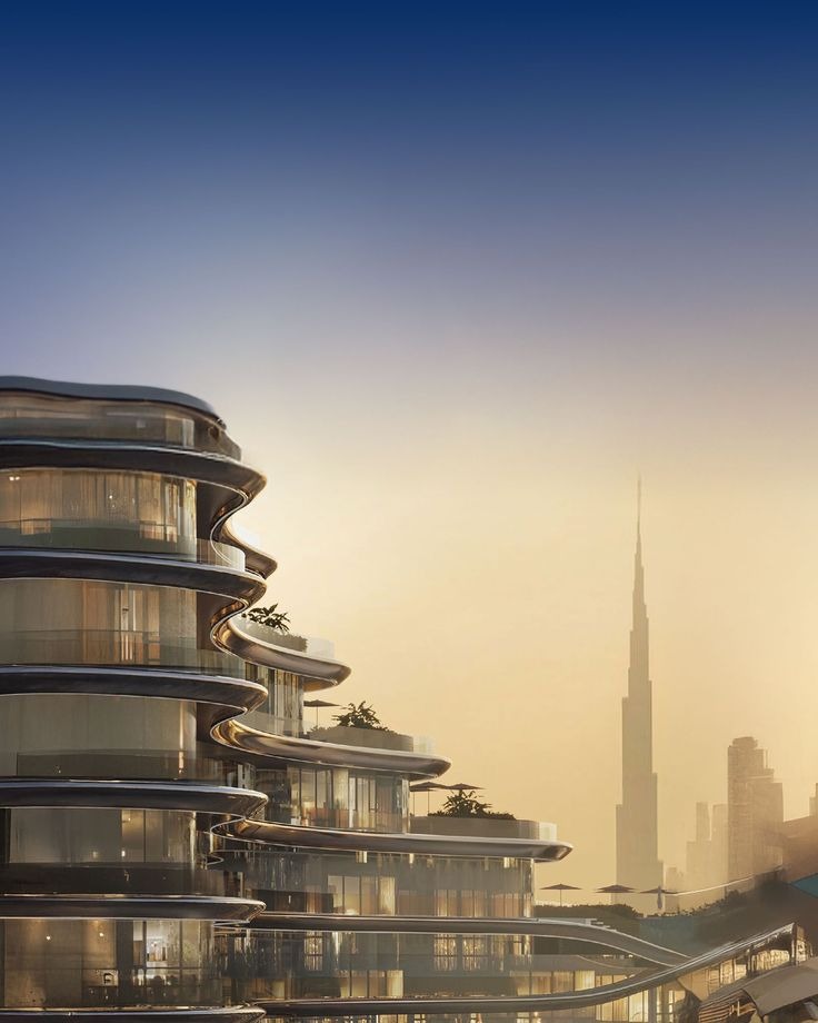 Curved luxury balconies overlooking the Dubai skyline