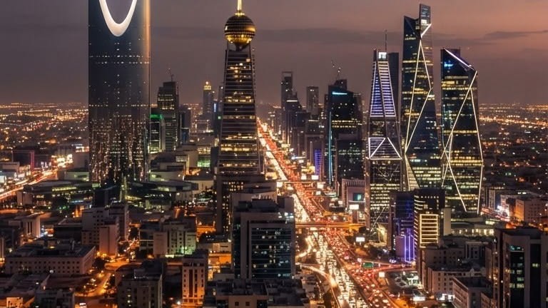 Riyadh's skyline at night: oil-era capital formation now reframed as a global financial and lifestyle project.